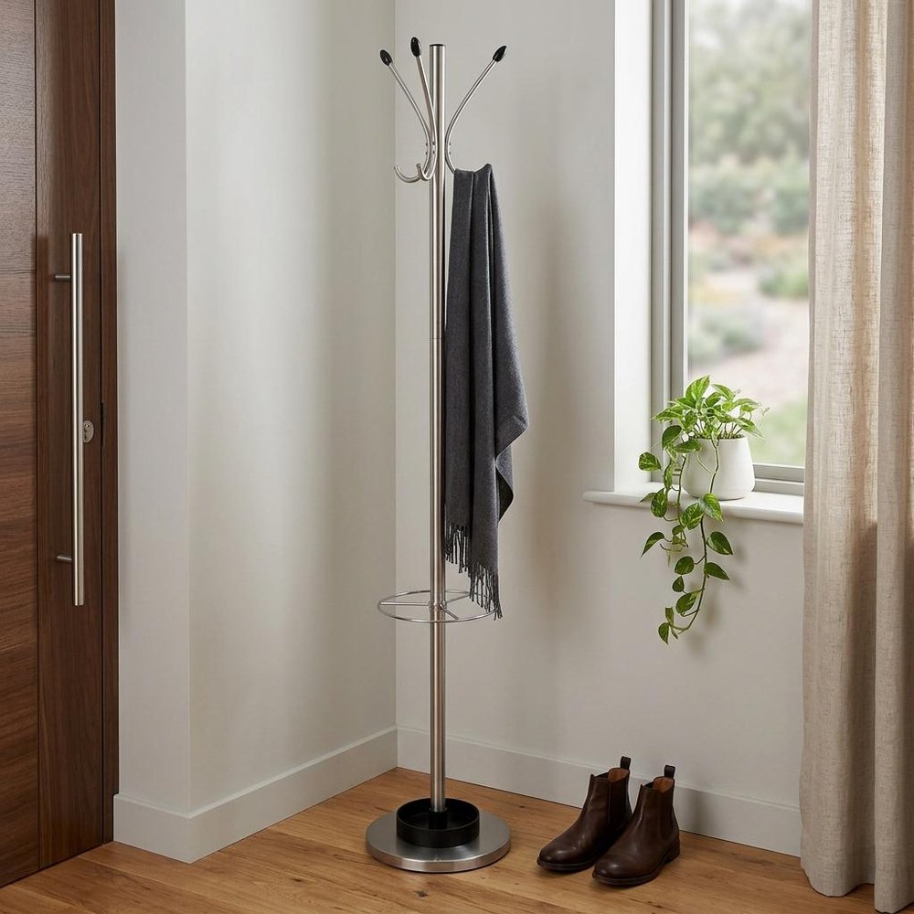 13" X 68" Brushed Steel Brushed Steel Stand  Coat Rack HomeRoots