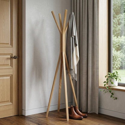 68" Natural Modern Wood Coat Tree Rack HomeRoots
