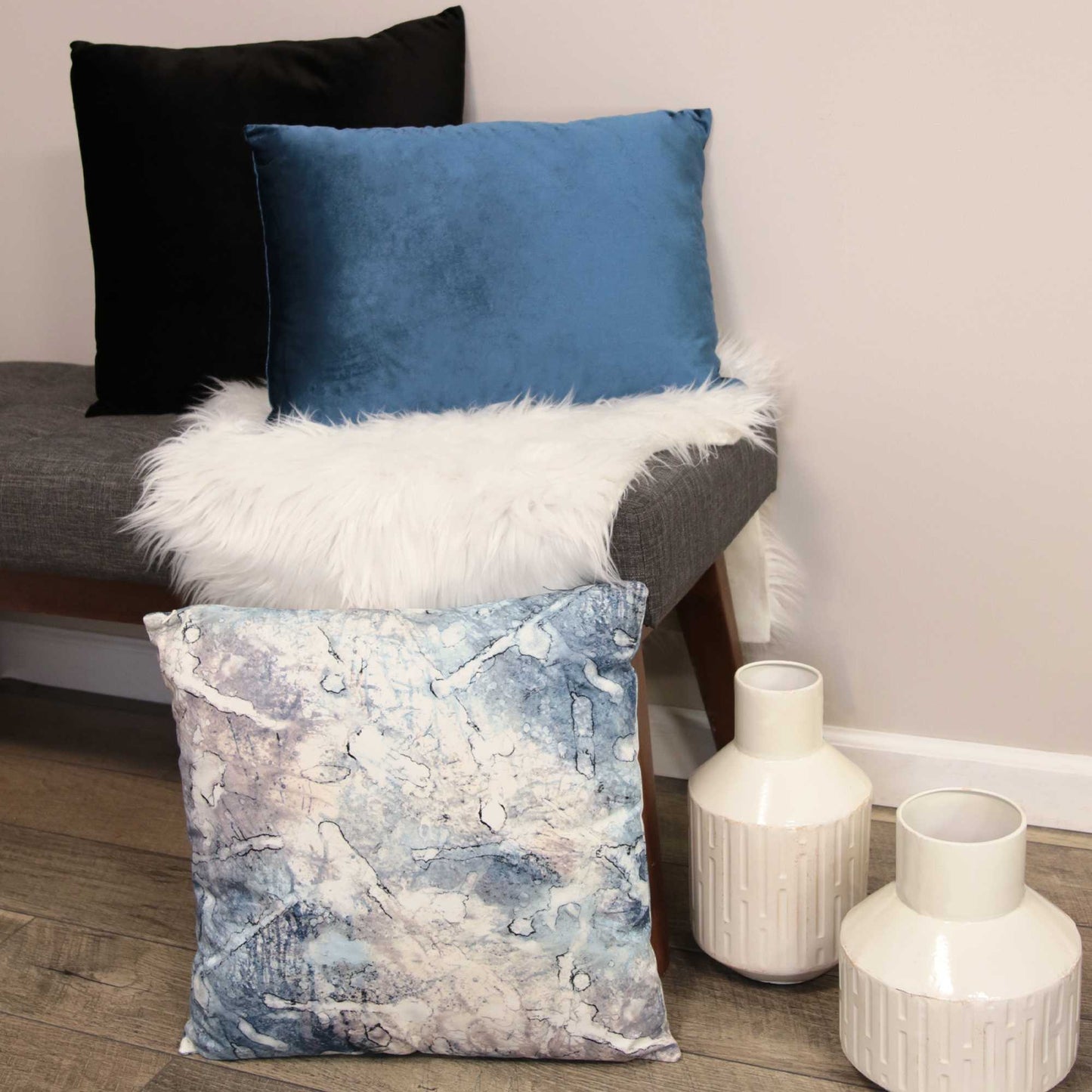 18" Blue and Gray Abstract Cotton Throw Pillow