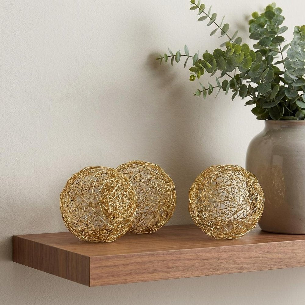 Set of Three Gold Wire 3" Decorative Orbs HomeRoots