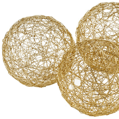 Set of Three Gold Wire Five Inch Decorative Orbs