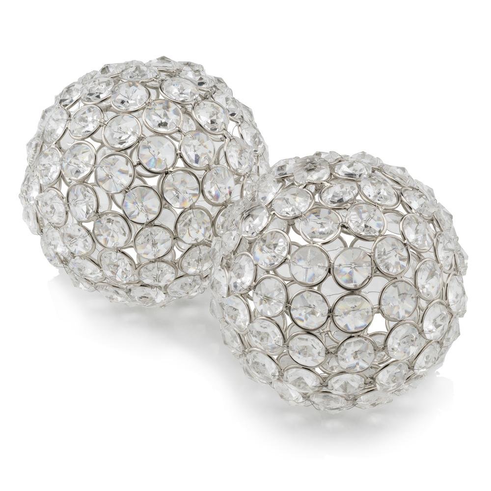 Set of Two Clear And Silver Faux Crystal And Steel Decorative Orb Tabletop Sculptures HomeRoots
