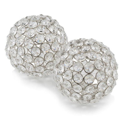 Set of Two Clear And Silver Faux Crystal And Steel Decorative Orb Tabletop Sculptures HomeRoots