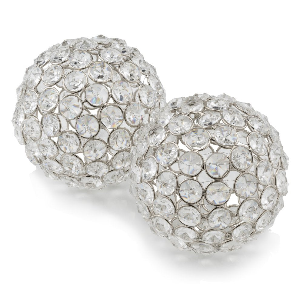 Set of Two Clear And Silver Faux Crystal And Steel Decorative Orb Tabletop Sculptures HomeRoots
