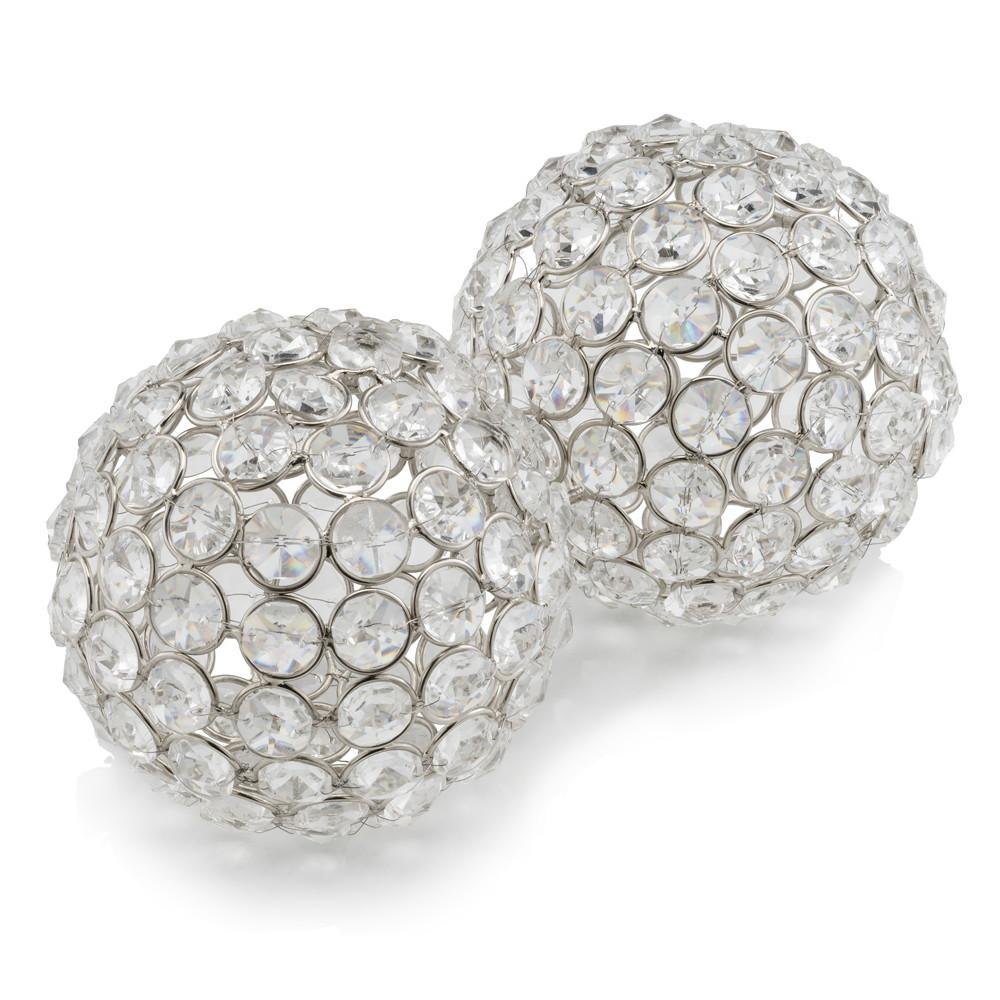 Set of Two Clear And Silver Faux Crystal And Steel Decorative Orb Tabletop Sculptures HomeRoots