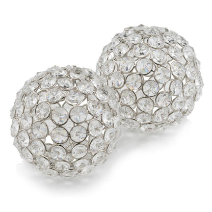 Set of Two Clear And Silver Faux Crystal And Steel Decorative Orb Tabletop Sculptures HomeRoots