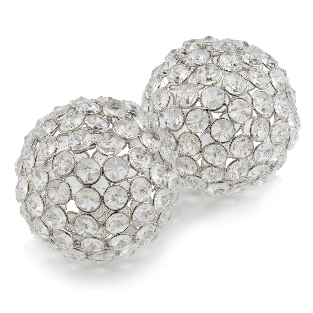 Set of Two Clear And Silver Faux Crystal And Steel Decorative Orb Tabletop Sculptures HomeRoots