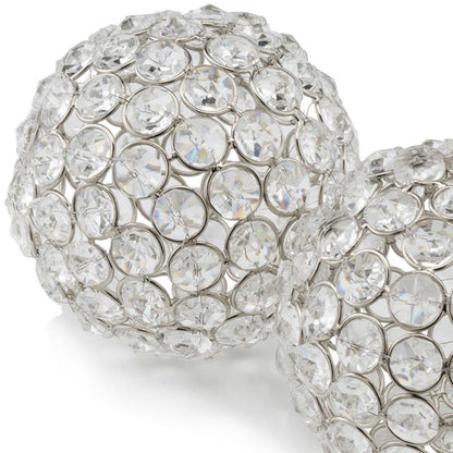 Set of Two Clear And Silver Faux Crystal And Steel Decorative Orb Tabletop Sculptures HomeRoots