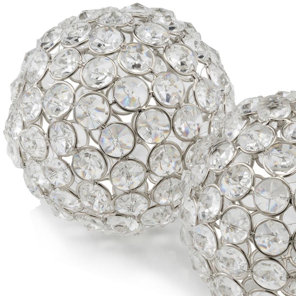 Set of Two Clear And Silver Faux Crystal And Steel Decorative Orb Tabletop Sculptures HomeRoots