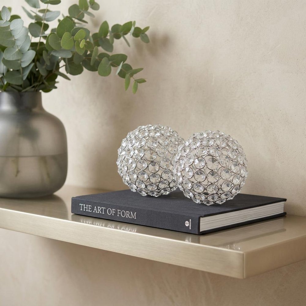 Set of Two Clear And Silver Faux Crystal And Steel Decorative Orb Tabletop Sculptures HomeRoots
