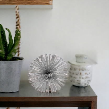 6" Silver Iron Decorative Urchin Spiky Sphere Tabletop Sculpture