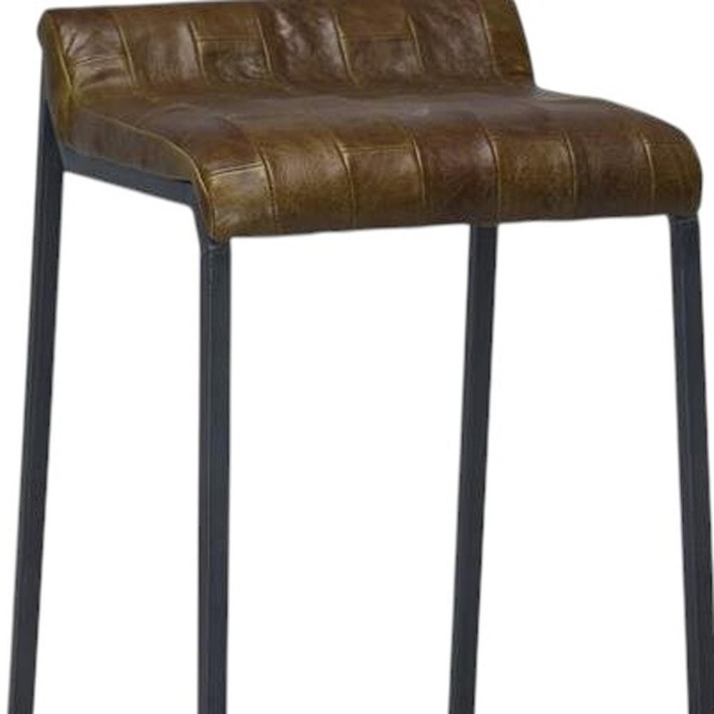 27" Brown And Black Genuine Leather And Iron Backless Counter Height Bar Chair HomeRoots