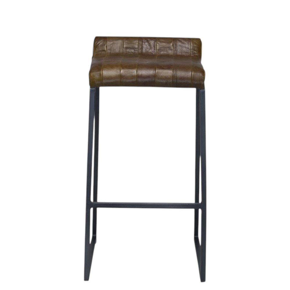 27" Brown And Black Genuine Leather And Iron Backless Counter Height Bar Chair HomeRoots