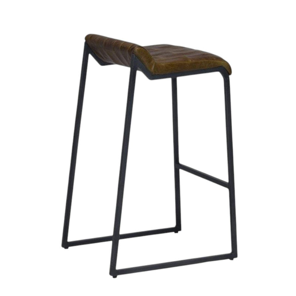 27" Brown And Black Genuine Leather And Iron Backless Counter Height Bar Chair HomeRoots