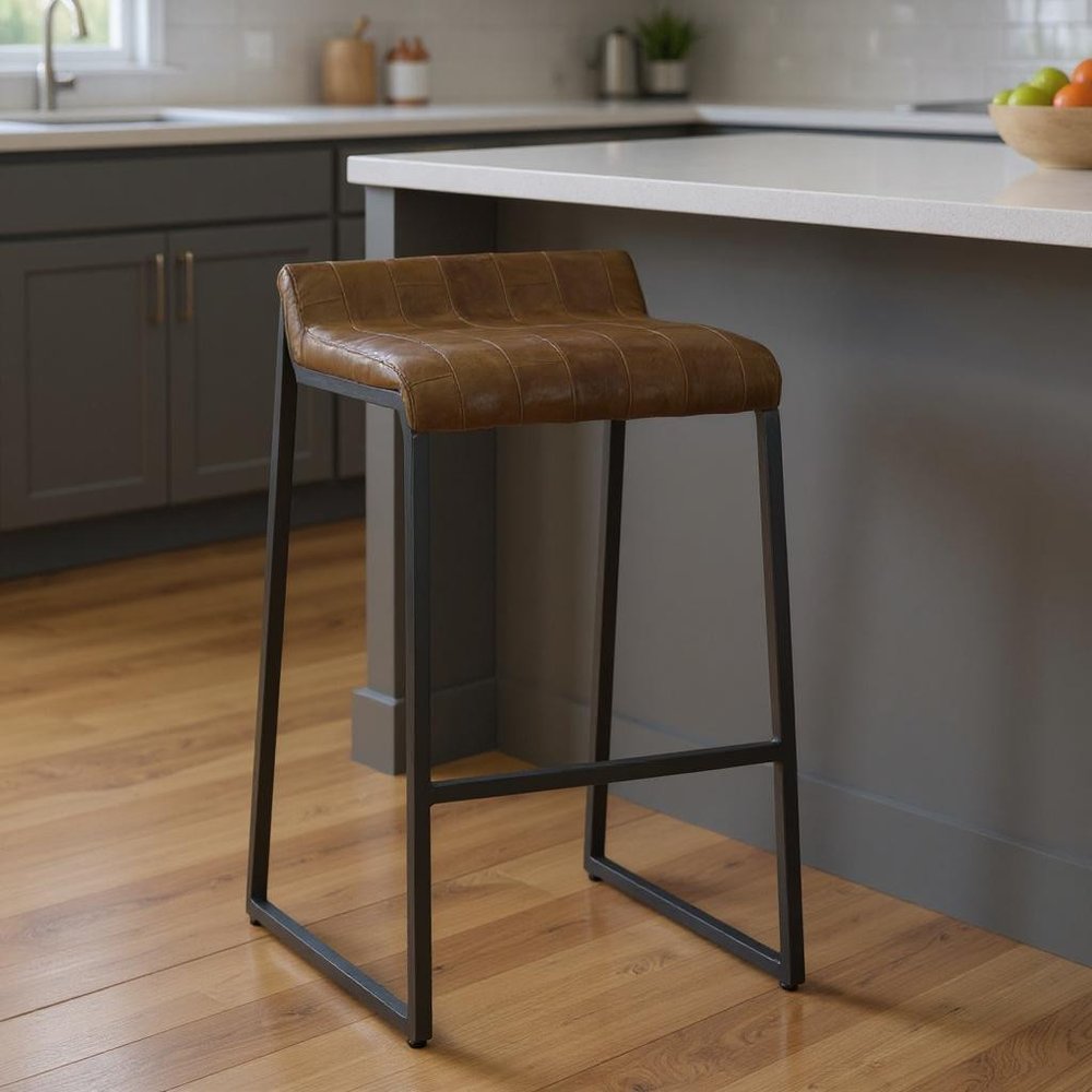 27" Brown And Black Genuine Leather And Iron Backless Counter Height Bar Chair HomeRoots