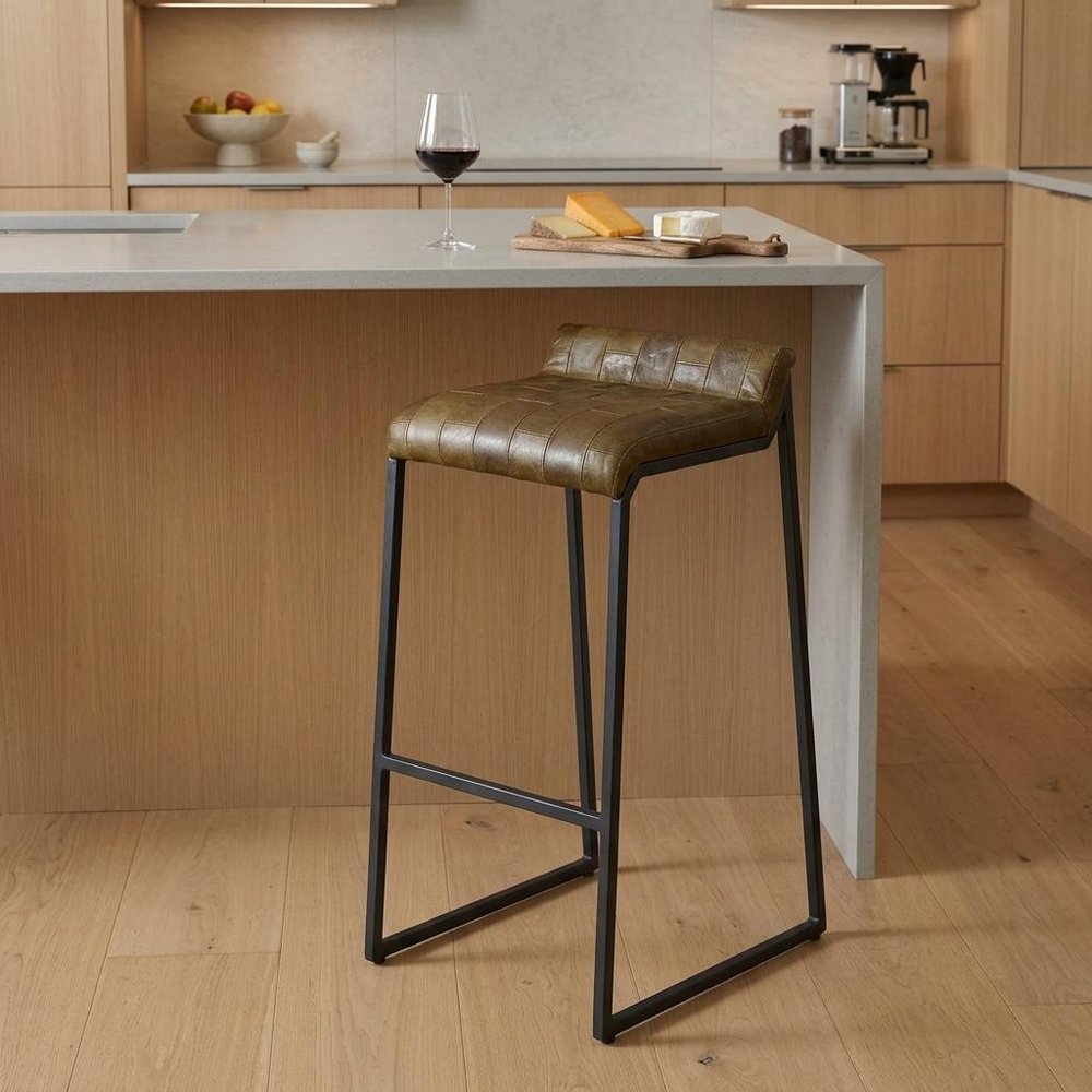 27" Brown And Black Genuine Leather And Iron Backless Counter Height Bar Chair — view 13