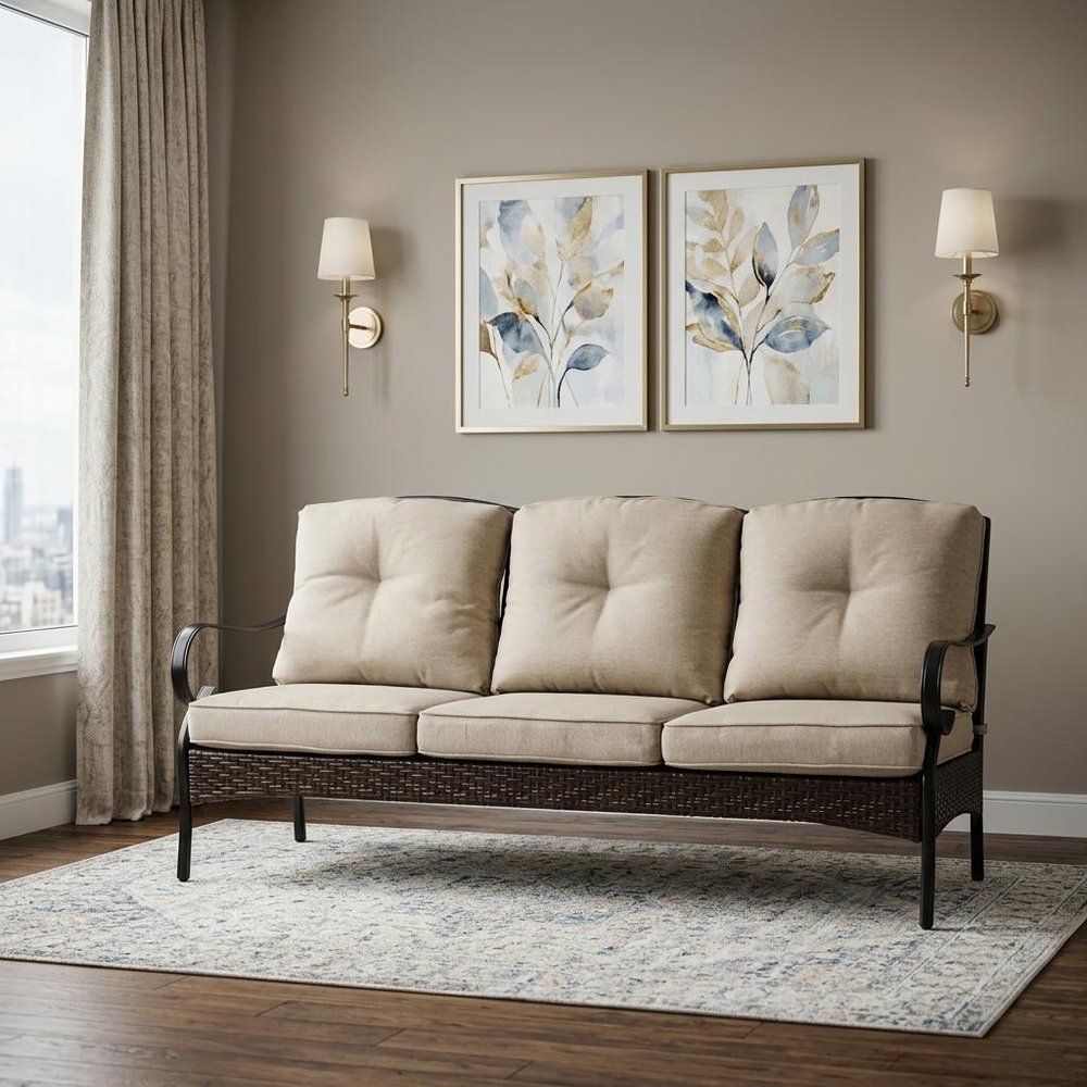 69" Beige Polyester Blend Settee With Black Legs HomeRoots