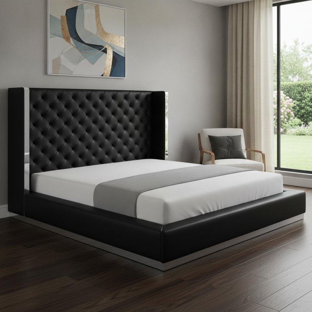 Black Tufted Faux Leather King Bed Frame HomeRoots