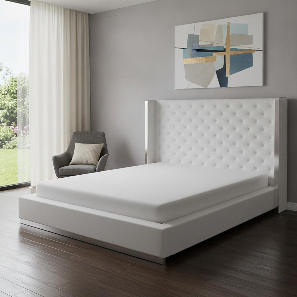 White Tufted Faux Leather Upholstered King Bed Frame HomeRoots