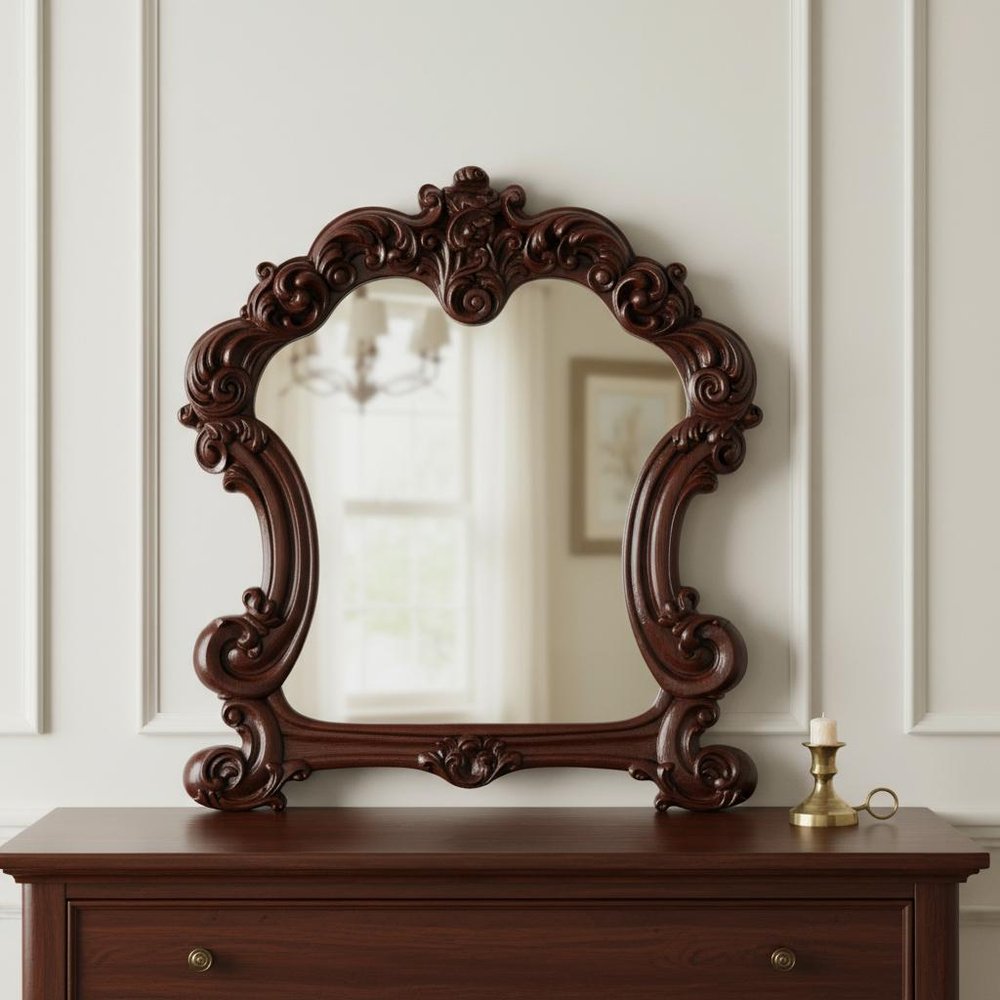 45" Brown Crowned Top Solid Wood Framed Mounted Dresser Mirror HomeRoots