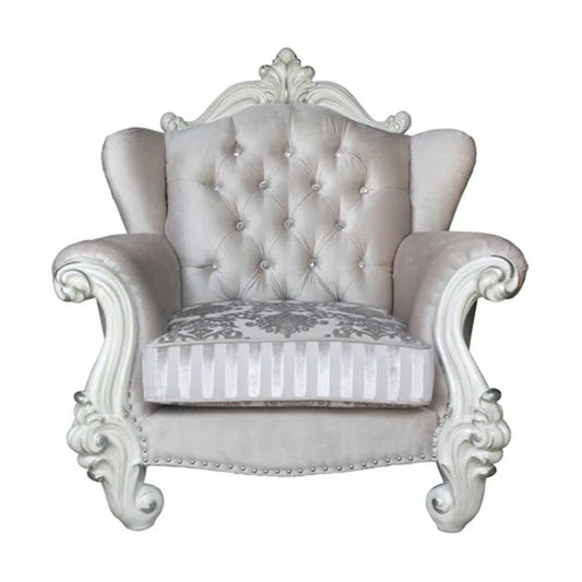 44" Ivory and Antiqued White Fabric Damask Tufted Chair and a Half And Toss Pillows
