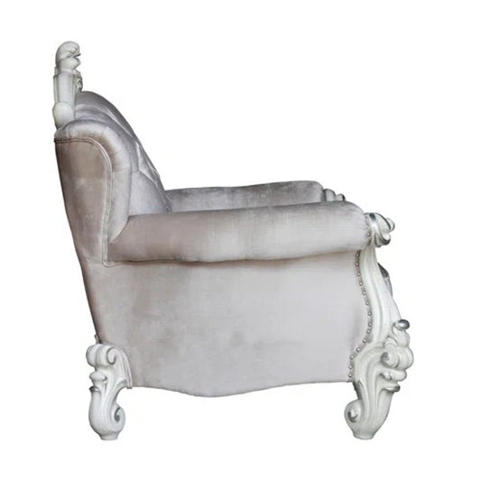 44" Ivory and Antiqued White Fabric Damask Tufted Chair and a Half And Toss Pillows HomeRoots