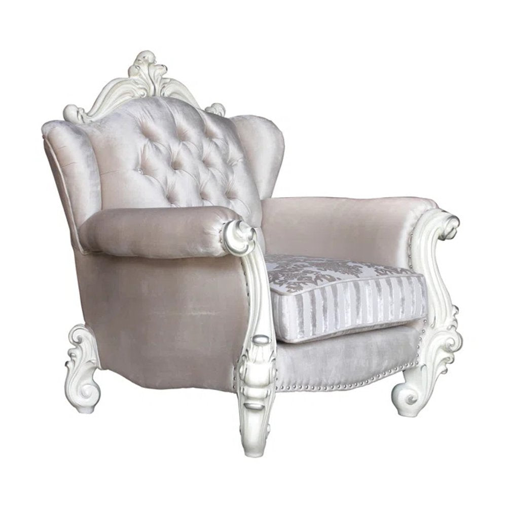 44" Ivory and Antiqued White Fabric Damask Tufted Chair and a Half And Toss Pillows HomeRoots