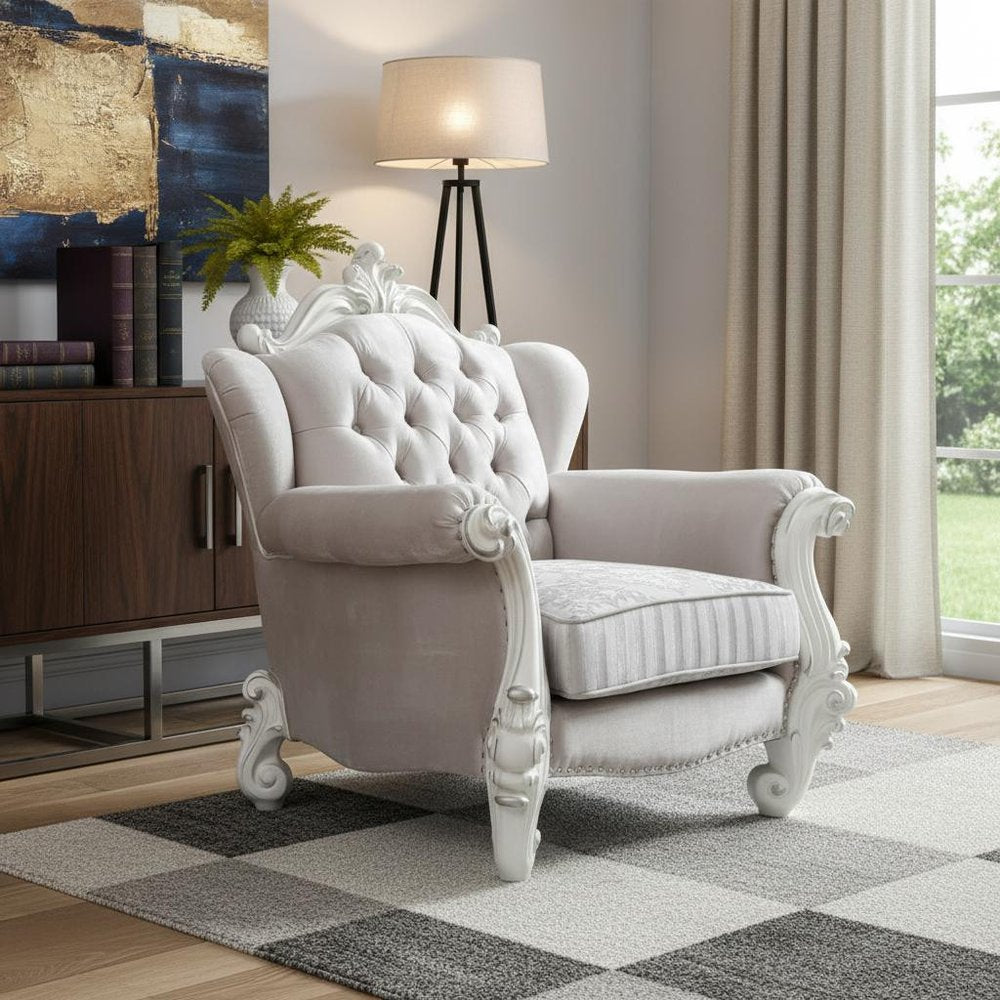 44" Ivory and Antiqued White Fabric Damask Tufted Chair and a Half And Toss Pillows HomeRoots