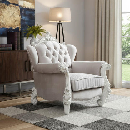 44" Ivory and Antiqued White Fabric Damask Tufted Chair and a Half And Toss Pillows HomeRoots