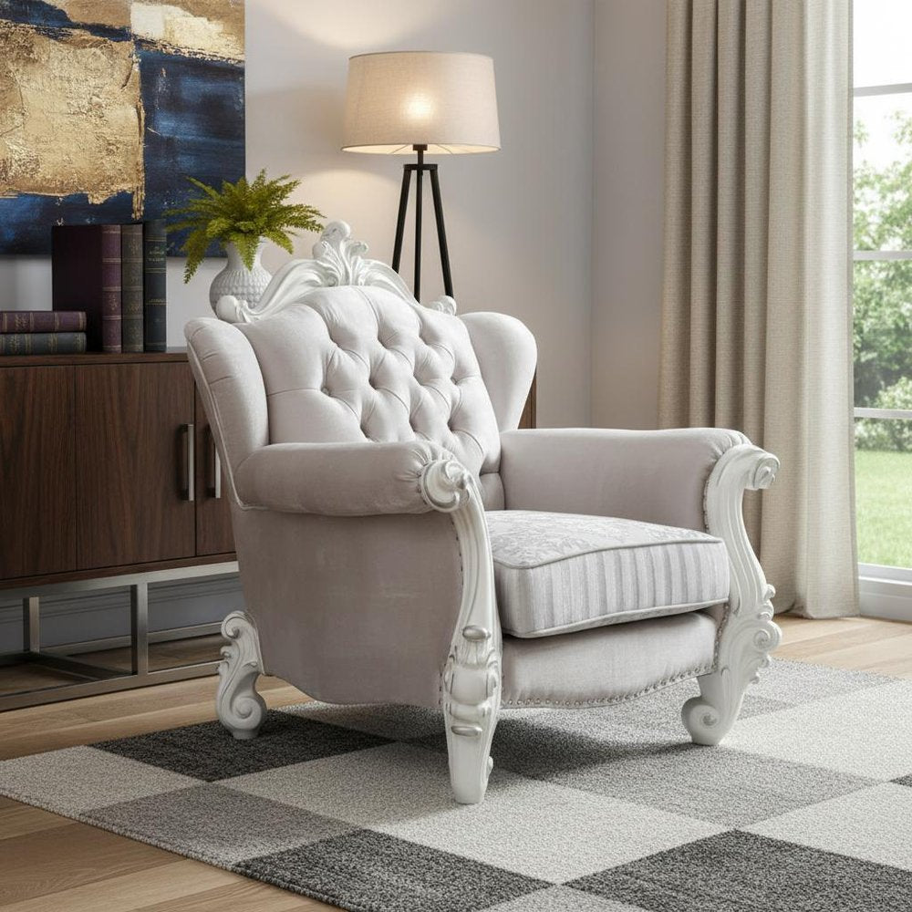 44" Ivory and Antiqued White Fabric Damask Tufted Chair and a Half And Toss Pillows HomeRoots