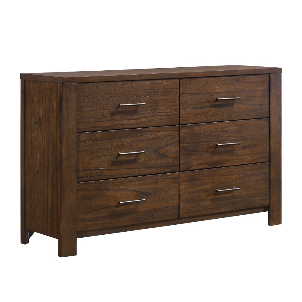 59" Brown Solid Wood And Brass Six Drawer Double Dresser — view 2