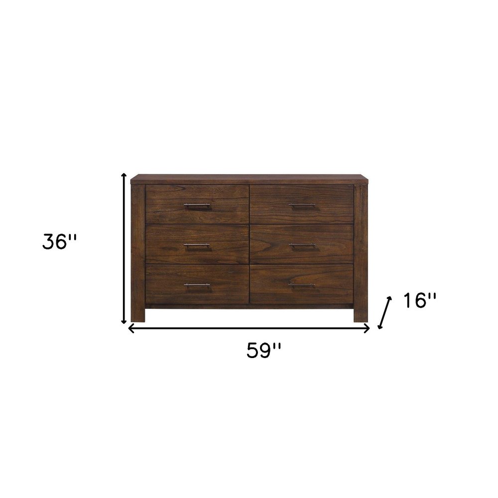 59" Brown Solid Wood And Brass Six Drawer Double Dresser — view 4