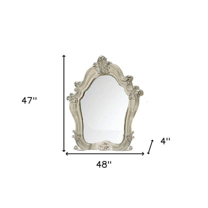 47" White And Silver Abstract Wood Framed Antiqued Glass Mounted Dresser Mirror HomeRoots