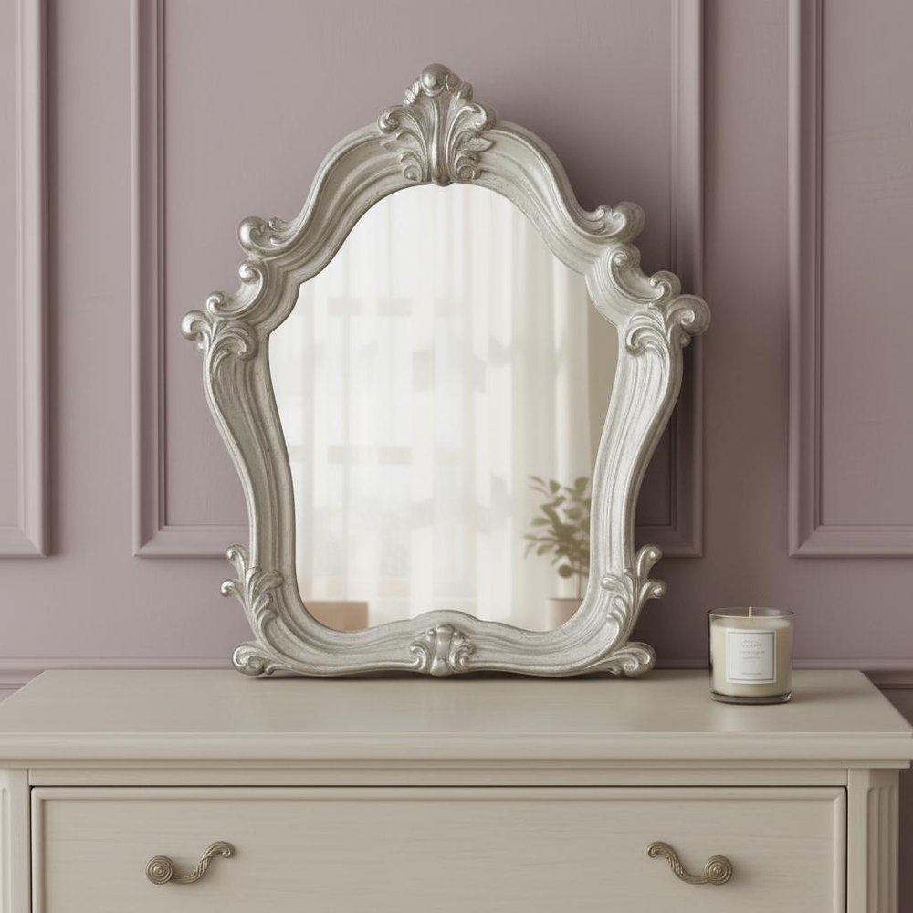 47" White And Silver Abstract Wood Framed Antiqued Glass Mounted Dresser Mirror HomeRoots