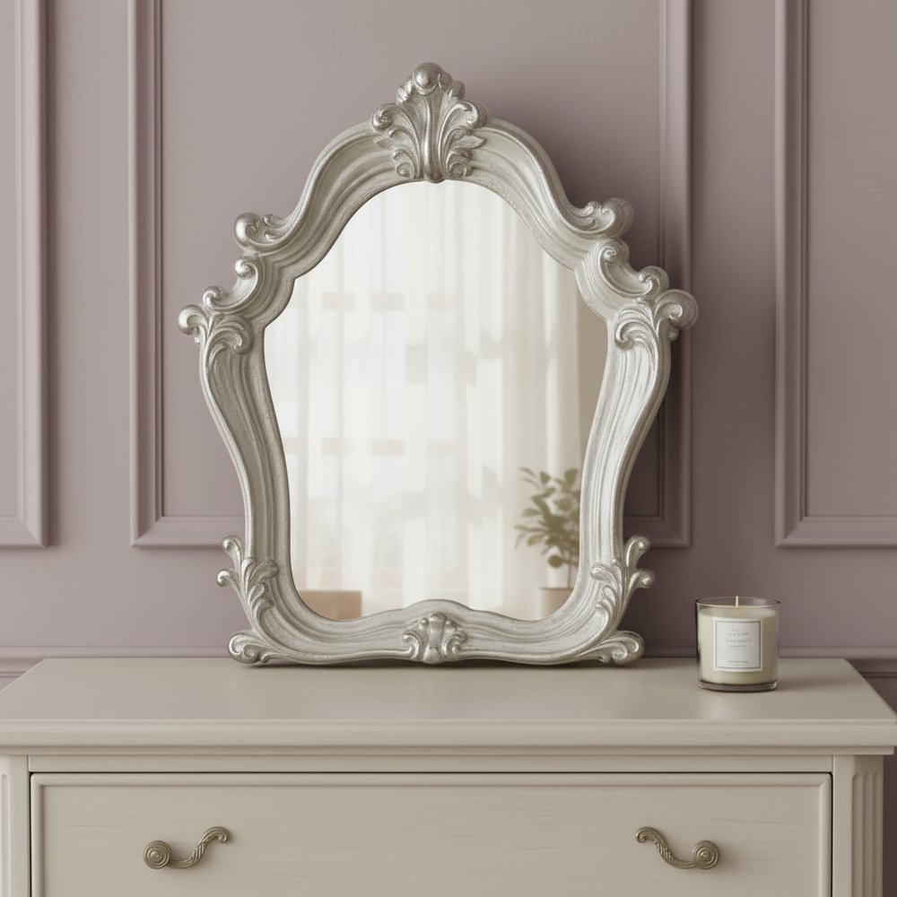 47" White And Silver Abstract Wood Framed Antiqued Glass Mounted Dresser Mirror HomeRoots