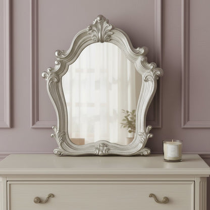 47" White And Silver Abstract Wood Framed Antiqued Glass Mounted Dresser Mirror HomeRoots