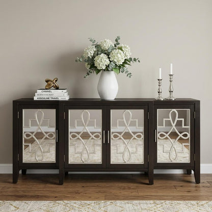 72" Black and Silver Mirrored Solid Wood and Glass Distressed Solid Console Table HomeRoots