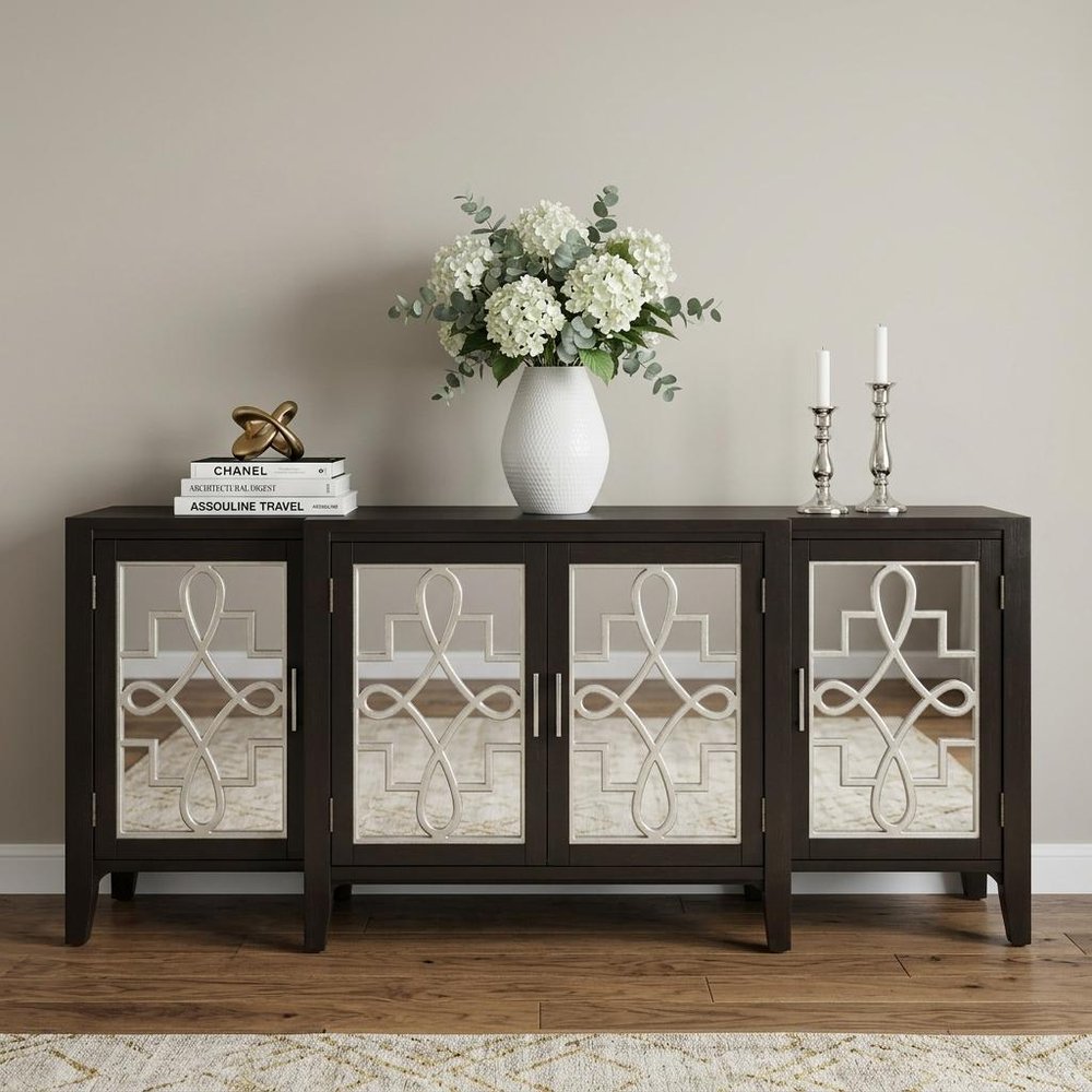72" Black and Silver Mirrored Solid Wood and Glass Distressed Solid Console Table HomeRoots