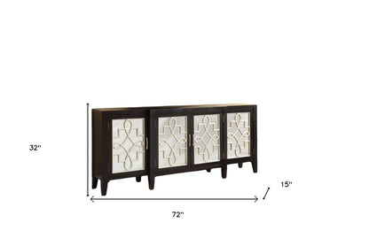 72" Black and Silver Mirrored Solid Wood and Glass Distressed Solid Console Table HomeRoots