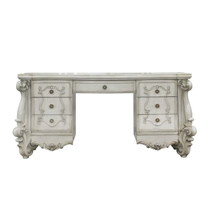 67" Antiqued White Wood Vanity Table With Seven Drawers HomeRoots