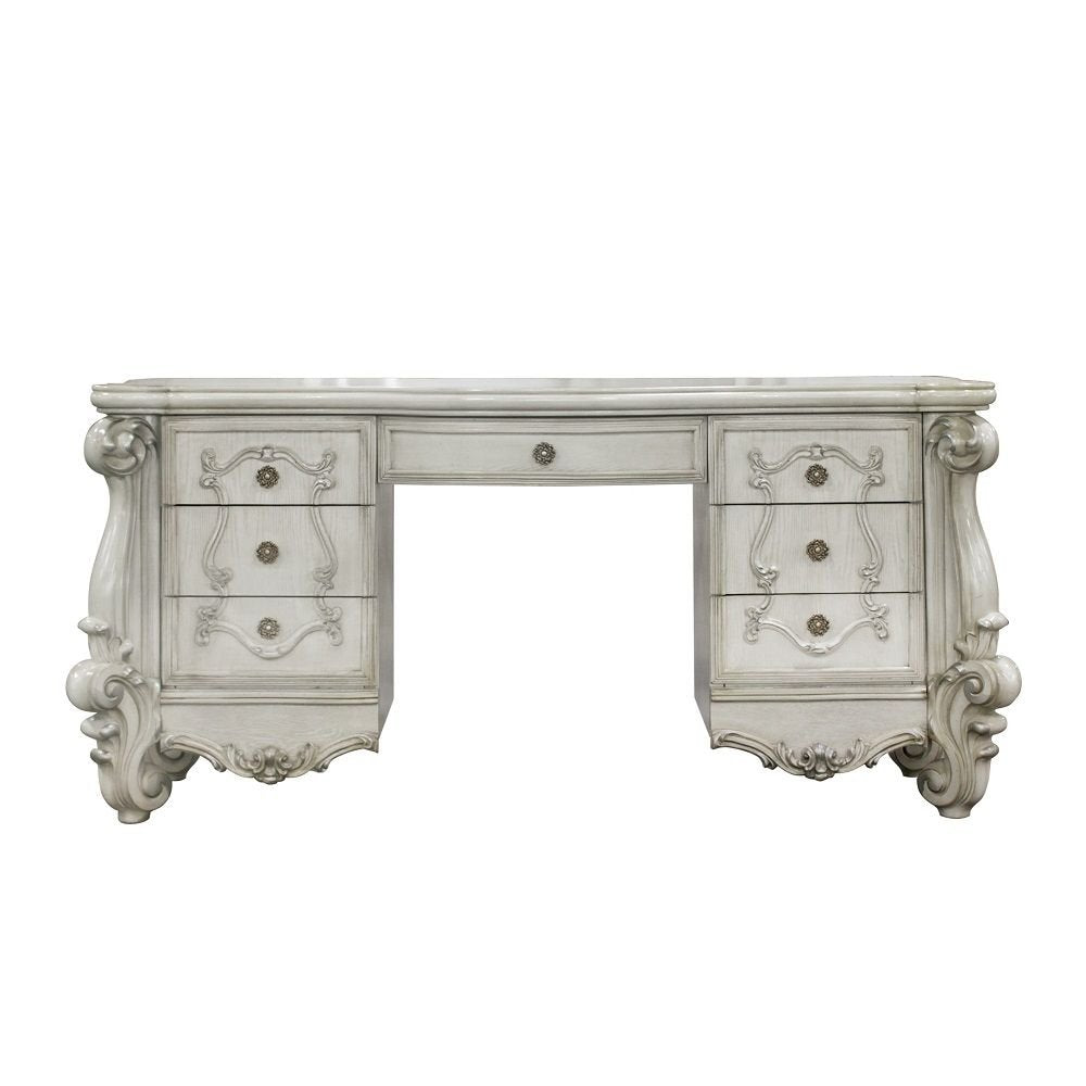 67" Antiqued White Wood Vanity Table With Seven Drawers HomeRoots