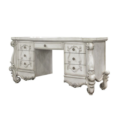 67" Antiqued White Wood Vanity Table With Seven Drawers HomeRoots
