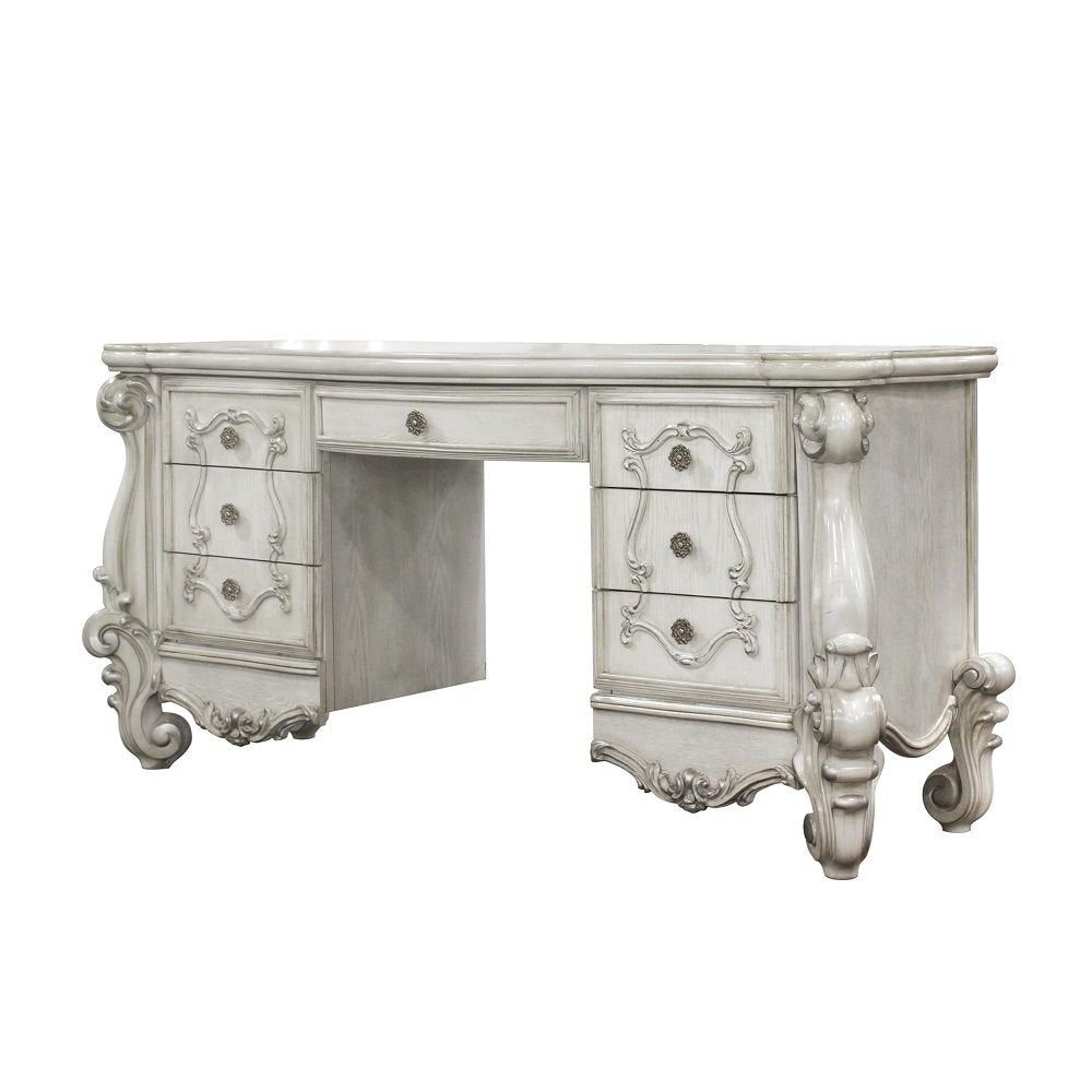 67" Antiqued White Wood Vanity Table With Seven Drawers HomeRoots