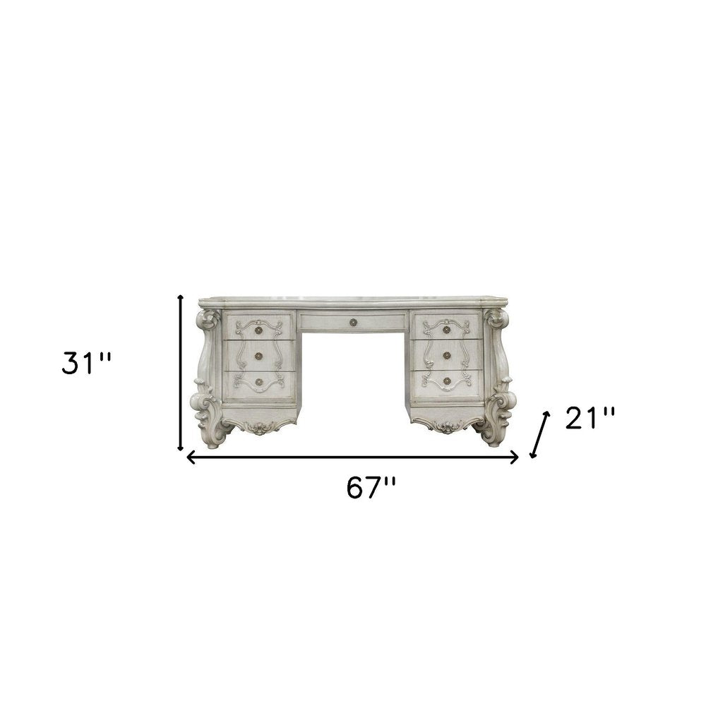 67" Antiqued White Wood Vanity Table With Seven Drawers HomeRoots