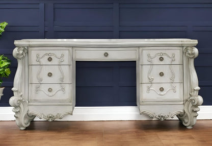 67" Antiqued White Wood Vanity Table With Seven Drawers HomeRoots