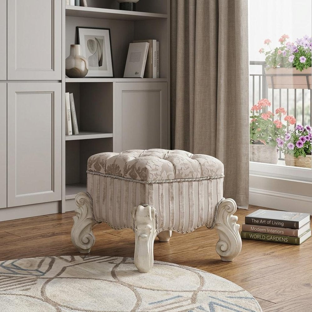 22" Chocolate Fabric Damask Footstool HomeRoots