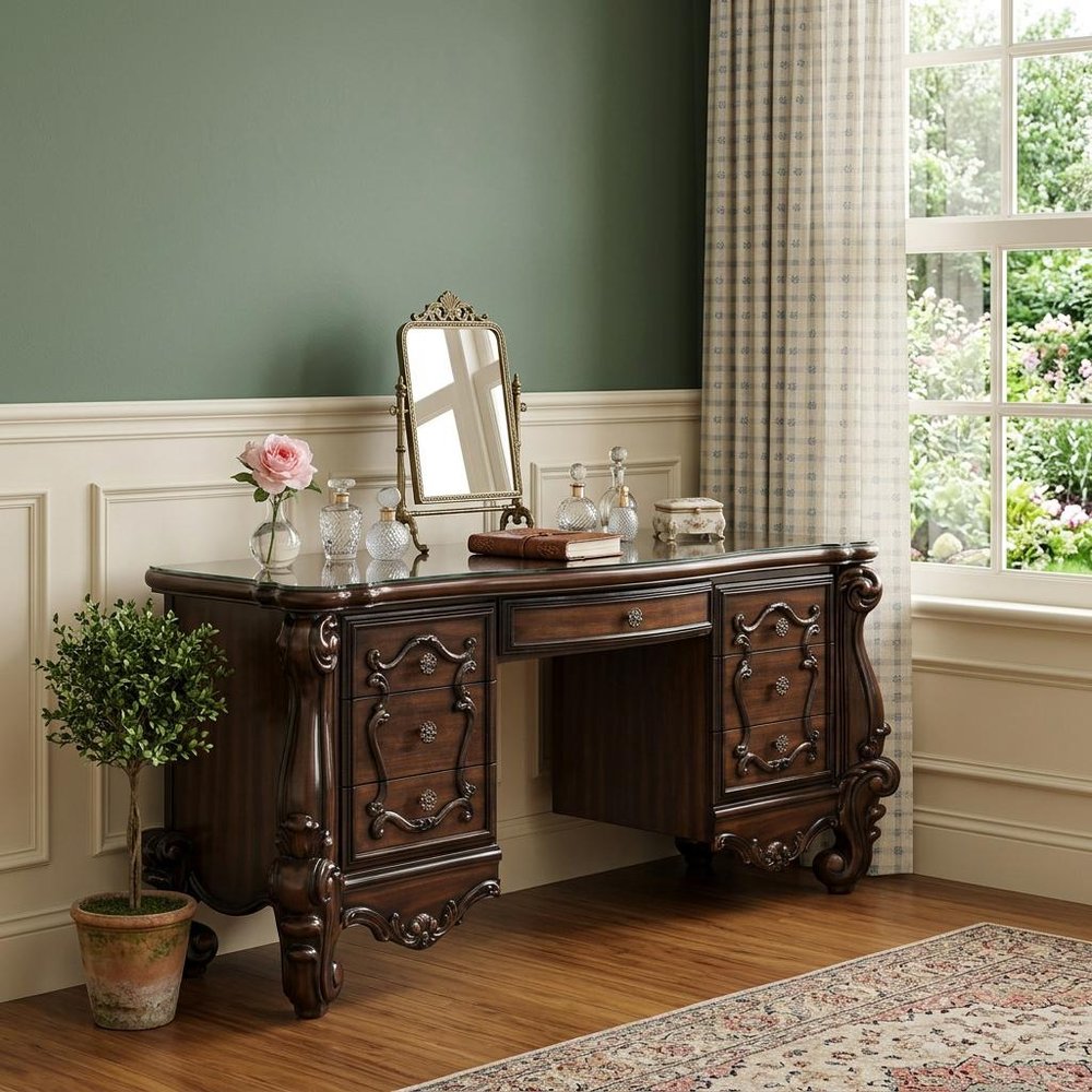 67" Antiqued White Wood Vanity Table With Seven Drawers HomeRoots