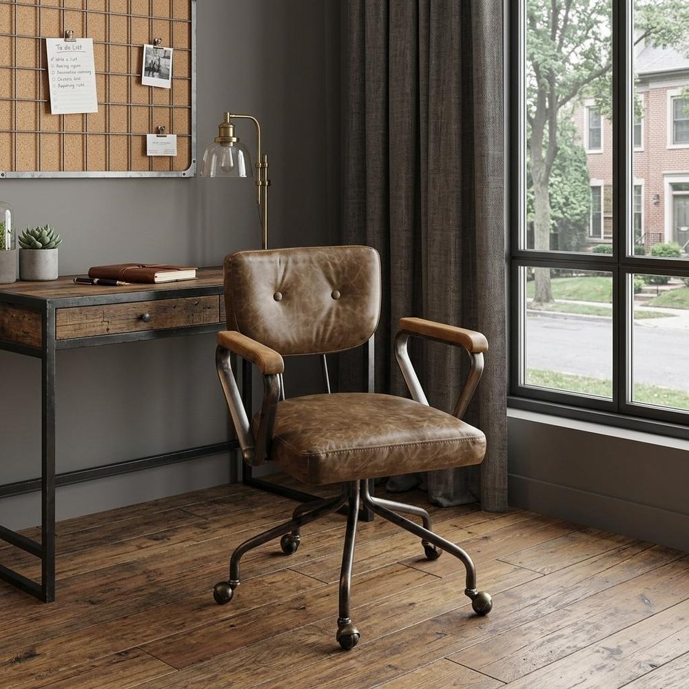 Brown and Black Swivel Faux Leather Rolling Office Chair HomeRoots