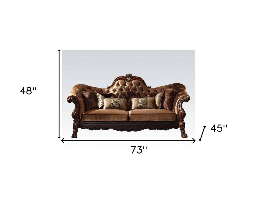 73" Dark Brown And Brown Velvet Loveseat and Toss Pillows — view 2