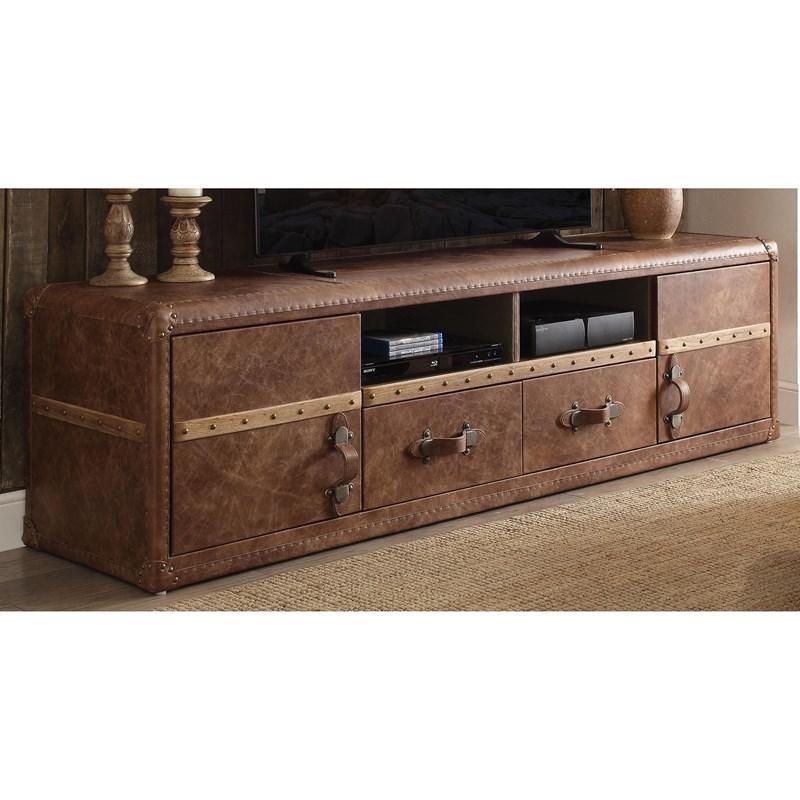 80" Brown Leather Cabinet Enclosed Storage TV Stand - FurniFindUSA